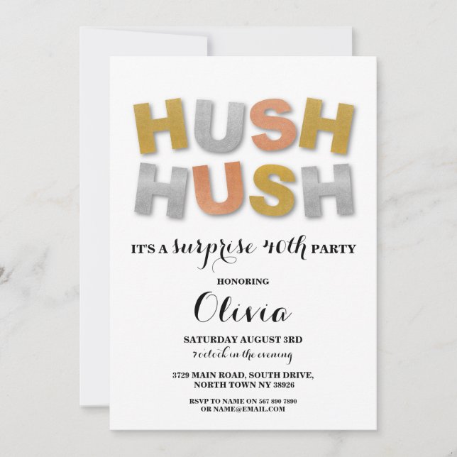 Surprise Birthday Party Hush Hush Gold Metallic Invitation (Front)