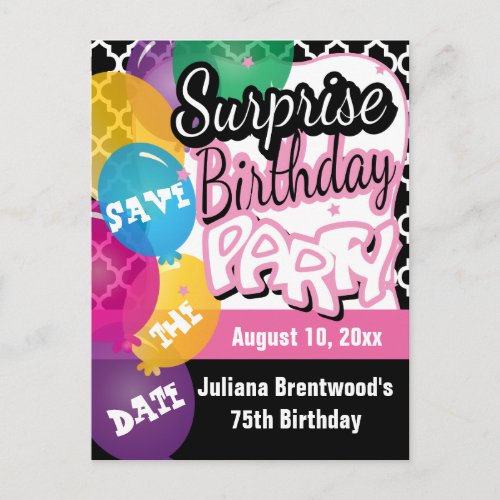 Surprise Birthday Party in Pink  Save the Date Announcement Postcard