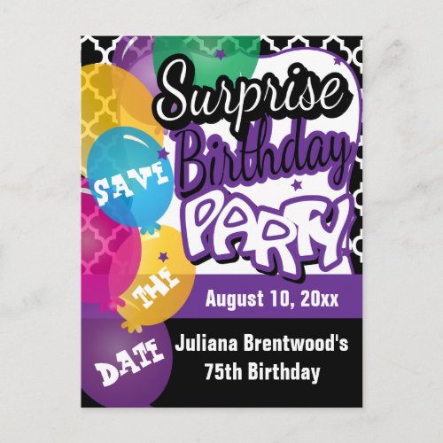 Surprise Birthday Party in Purple  Save the Date Announcement Postcard