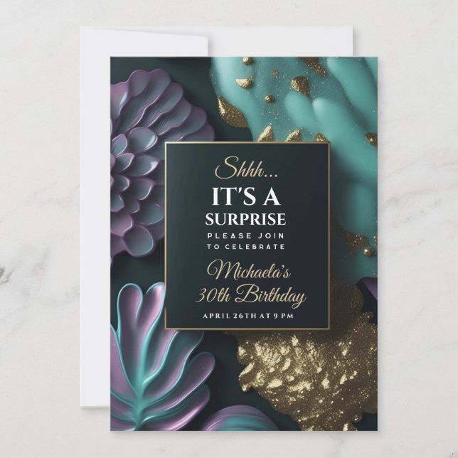 Surprise birthday party invitation, abstract, gold invitation (Front)
