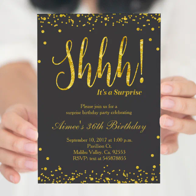 Surprise Birthday Party Invitation Black Gold | Zazzle