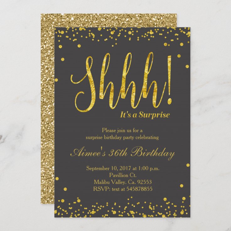 Surprise Birthday Party Invitation Black Gold | Zazzle