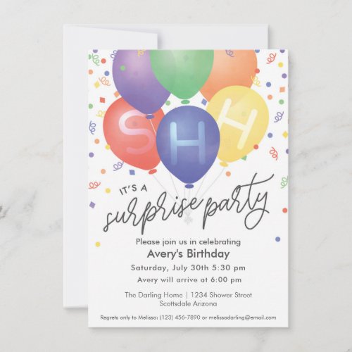Surprise Birthday Party Invitation with balloons