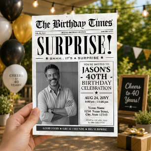 Surprise Birthday Party Invite, Birthday Newspaper Invitation