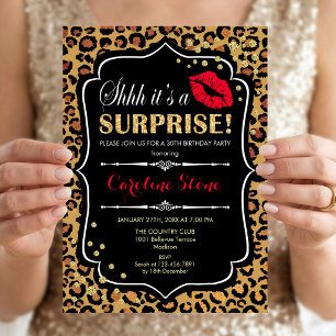 Surprise Birthday Party - Leopard Print Red Invitation
