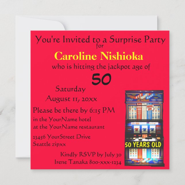 Surprise Birthday Party Lucky Red Slot Machine Invitation (Front)