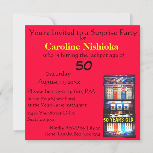 Surprise Birthday Party Red Slot machine Custom Invite