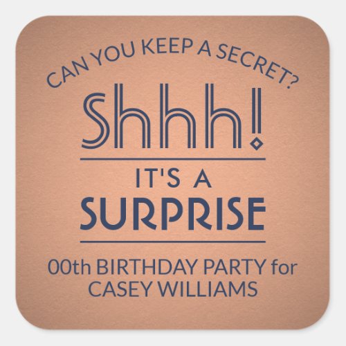 Surprise Birthday Party Navy Blue Faux Copper Foil Square Sticker