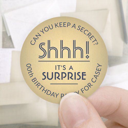 Surprise Birthday Party Navy Blue  Gold Faux Foil Classic Round Sticker