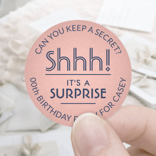 Surprise Birthday Party Navy Blue & Pink Rose Gold Classic Round Sticker
