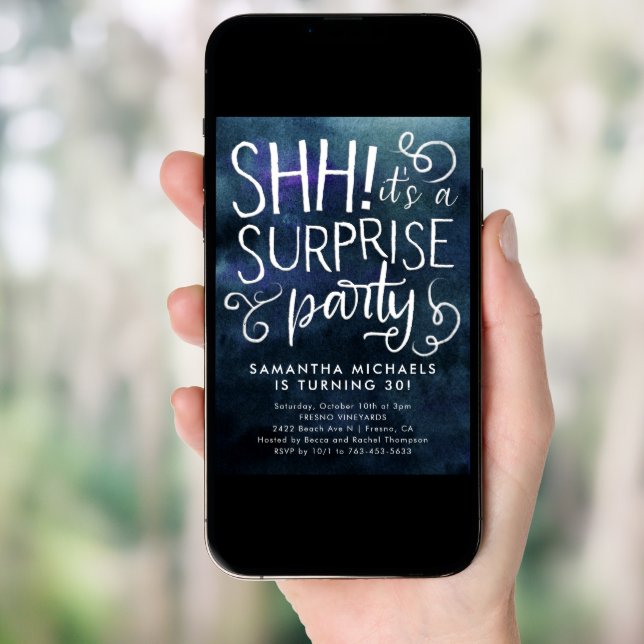 Surprise Birthday Party Navy Blue Watercolor Invitation (Front Digital)