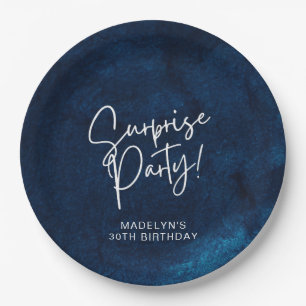 Surprise Birthday Party Navy Blue Watercolor  Paper Plates