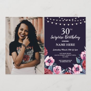 Surprise Birthday Party Navy Pink Floral Photo Invitation by WOWWOWMEOW at Zazzle