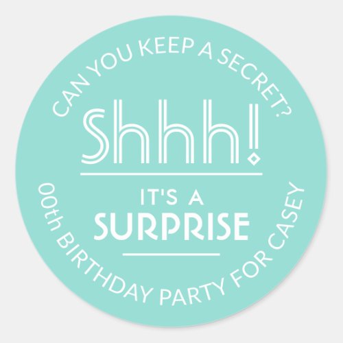 Surprise Birthday Party Pastel Teal Blue and White Classic Round Sticker