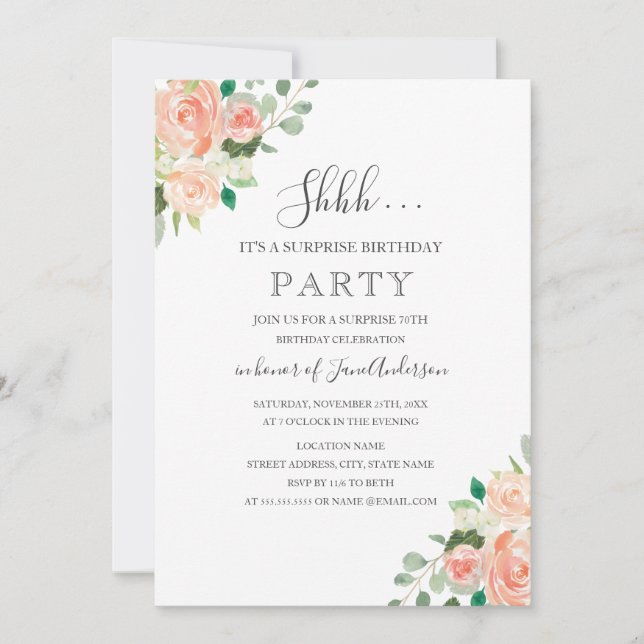 Surprise Birthday Party Peach Floral Invitation (Front)