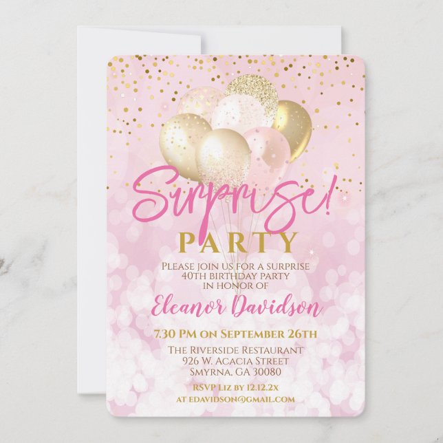 Surprise Birthday Party Pink Glamorous Balloon Invitation (Front)