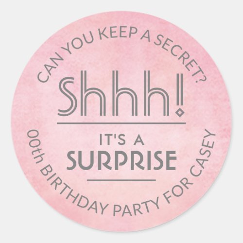Surprise Birthday Party Pink  Gray Watercolor Classic Round Sticker
