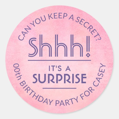 Surprise Birthday Party Pink  Purple Watercolor Classic Round Sticker