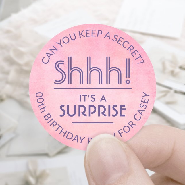 Surprise Birthday Party Pink & Purple Watercolor Classic Round Sticker (Creator Uploaded)