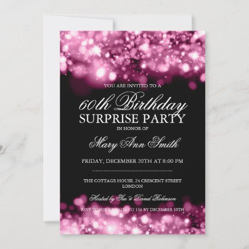 Surprise Birthday Party Pink Sparkling Lights Personalized Announcement