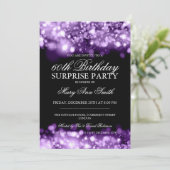 Surprise Birthday Party Purple Sparkling Lights Invitation (Standing Front)