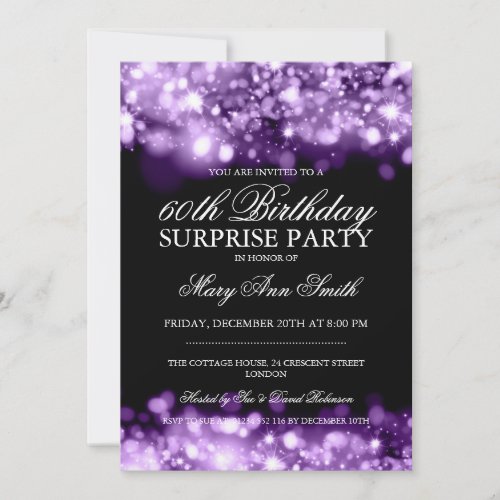 Surprise Birthday Party Purple Sparkling Lights Invitation