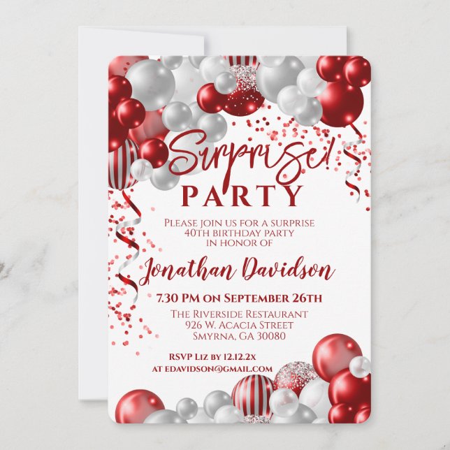 Surprise Birthday Party Red Balloon Invitation (Front)