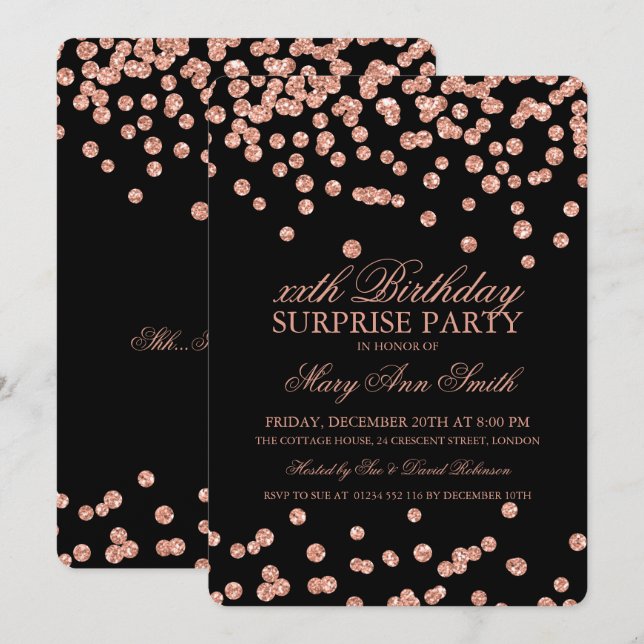 Surprise Birthday Party Rose Gold Glitter Confetti Invitation (Front/Back)