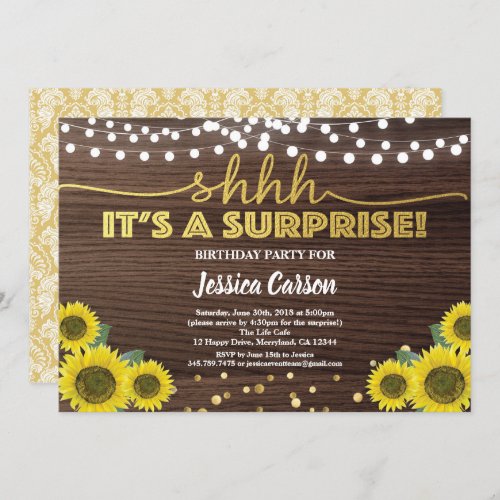 Surprise birthday party rustic wood gold sunflower invitation