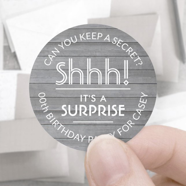 Surprise Birthday Party Rustic Wood Gray and White Classic Round Sticker (Creator Uploaded)