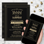 Surprise Birthday Party Shhh! Elegant Black & Gold Invitation<br><div class="desc">Can you keep a secret? Invite family and friends to an elegant and exciting surprise birthday celebration with custom black and gold party invitations. All wording on this template is simple to personalize, including message that reads "Shhh! It's a SURPRISE." The design features a modern striped border, classic vintage art...</div>