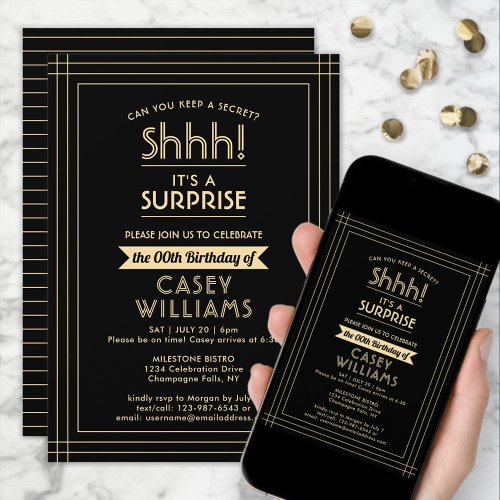 Surprise Birthday Party Shhh Elegant Black  Gold Invitation