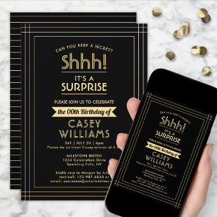 Surprise Birthday Party Shhh! Elegant Black & Gold Invitation
