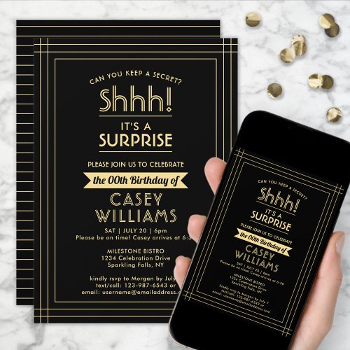 Surprise Birthday Party Shhh Elegant Black  Gold Invitation