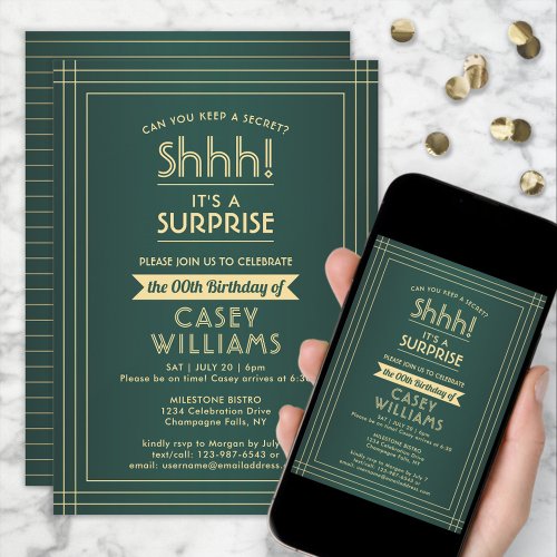 Surprise Birthday Party Shhh Elegant Green  Gold Invitation