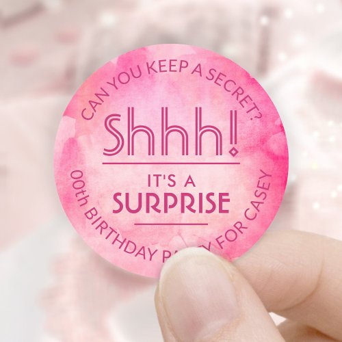 Surprise Birthday Party Shhh Pink Watercolor Classic Round Sticker