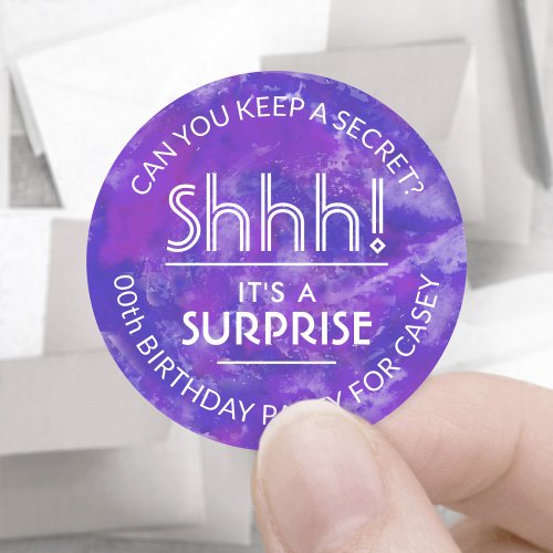 Surprise Birthday Party Shhh Purple Watercolor Classic Round Sticker