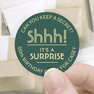Surprise Birthday Party Shhh! Stylish Green & Gold Classic Round Sticker