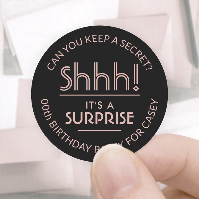 Surprise Birthday Party Shhh! Stylish Pink & Black Classic Round Sticker (Creator Uploaded)