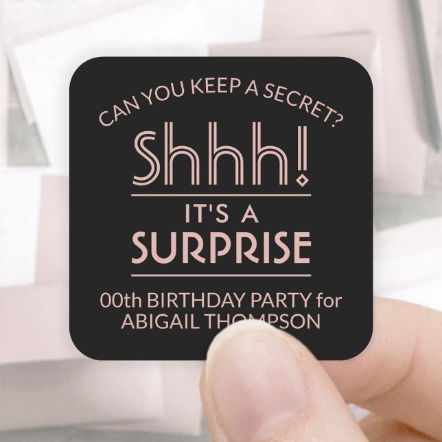 Surprise Birthday Party Shhh! Stylish Pink & Black Square Sticker (Creator Uploaded)