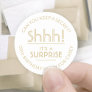 Surprise Birthday Party Shhh! Stylish White & Gold Classic Round Sticker
