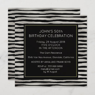 Surprise Birthday Party Silver Black Stripes Invitation