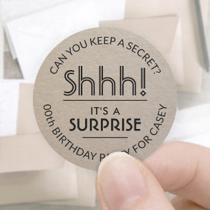 Surprise Birthday Party Simple Faux Kraft Paper Classic Round Sticker