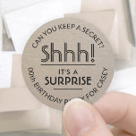 Surprise Birthday Party Simple Faux Kraft Paper Classic Round Sticker<br><div class="desc">Add an elegant personalized touch to surprise birthday party invitations, decorations, and favors with custom faux kraft paper stickers / envelope seals. Design features a rustic kraft look background and black stylish modern typography. All text on these labels is simple to customize for any year birthday or for another occasion,...</div>