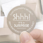 Surprise Birthday Party Simple Faux Kraft Paper Classic Round Sticker<br><div class="desc">Add an elegant personalized touch to surprise birthday party invitations, decorations, and favors with custom faux kraft paper stickers / envelope seals. Design features a rustic kraft look background and white stylish modern typography. All text on these labels is simple to customize for any year birthday or for another occasion,...</div>