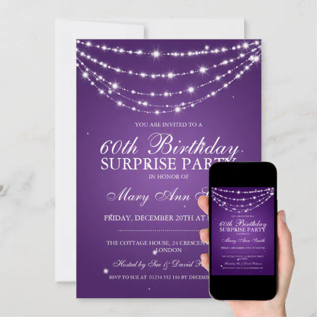 Surprise Birthday Party Sparkling Chain Purple Invitation Zazzle