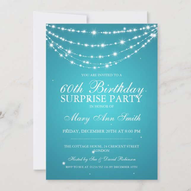 Surprise Birthday Party Sparkling Chain Turquoise Invitation (Front)