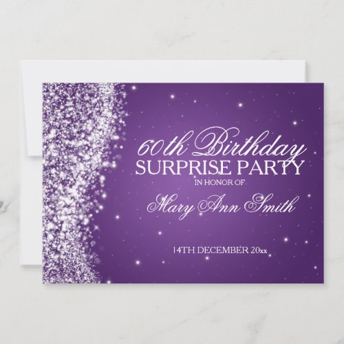 Surprise Birthday Party Sparkling Wave Purple Personalized Announcements
