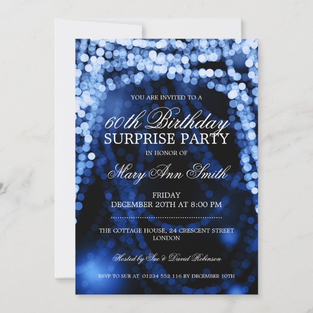 Surprise Birthday Party String Lights Blue Invitation (Front)