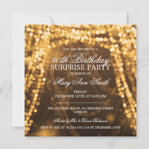 Surprise Birthday Party String Lights Gold Invitation